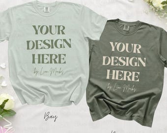 Comfort Colors 1717 Matching Shirts Flatlay Mockup, CC1717 White and Crunchberry Couple Shirt Mockup