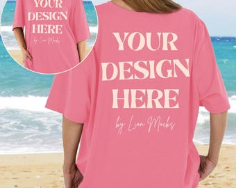 Bella Canvas 3001 strandmodel voor- en achterkant, BC3001 Charity roze oversized shirt model echte vrouwen (digitale download)