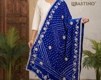 Geborduurde zijden bandhani dupatta voor dames: Gota & Lace Work | Tie Dye Art-zijden sjaal