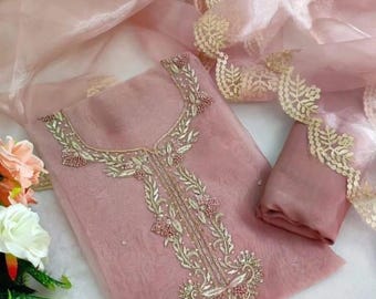 Handgeborduurde Kurti-organzaset: ongestikte Zardozi Pakistaanse Salwar Kameez | Pak voor bruiloftsfeest