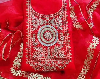 Conjunto Kurti de organza rojo cereza bordado a mano: Salwar Kameez pakistaní Zardozi / Traje para fiesta de boda