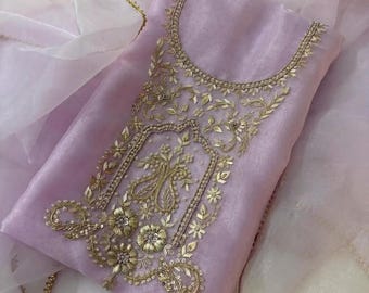 Handgeborduurde lichtpaarse organza Kurti-set: Pakistaanse salwar kameez Zardozi | Pak voor bruiloftsfeest