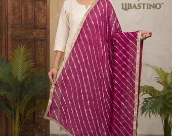 Handgemaakte Leheriya gestreepte chiffon dupatta voor dames | Traditionele tie-dye chiffon sjaals