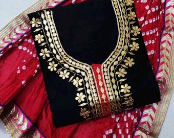 Handgeborduurde zwarte Chanderi Salwar Kameez: Zardozi-halslijn, Gota Patti Dupatta, ongestikt Punjabi-pak