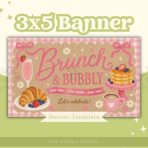 Puede incluir: Una pancarta rectangular con un borde de cuadros rosas y un centro beige. El texto dice Brunch & BUBBLY, GOOD FOOD GOOD FRIENDS GOOD TIMES y Let's celebrate! Las ilustraciones incluyen un cruasán, tortitas, una bebida y una taza de café.
