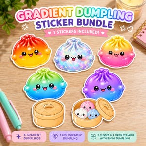 Bundle med gradientdumplings | Söta kawaii-matklistermärken | Regnbågsdumplings, holografiska dumplings och bambukorgar, mjuka TikTok-tema