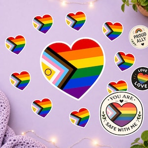 Adesivo a forma di cuore "Progress Pride" / Adesivo "Spazio sicuro LGBTQ+", Mostra il tuo supporto, Adesivo da alleato per badge, laptop e auto, Visibilità, Alleanza Pride