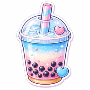 Peut inclure: Autocollant d'un bubble tea coloré dans un gobelet en plastique transparent avec un couvercle en dôme et une paille rayée. La boisson présente un dégradé de rose, de blanc et de bleu, avec des perles de boba noires au fond et des glaçons au sommet. Deux coeurs sont inclus.