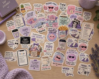 May include: A collection of colorful vinyl stickers featuring various illustrations and text related to fertility treatments, including images of embryos, pregnancy tests, coffee cups, and humorous phrases like 'Stab. Cry. Repeat.' and 'PUPO'.