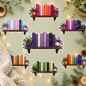 May include: A collection of seven sticker designs featuring wooden shelves holding colorful books and potted trailing plants. Each shelf displays a unique monochromatic color scheme, including red, orange, yellow, green, blue, purple, and rainbow palettes.