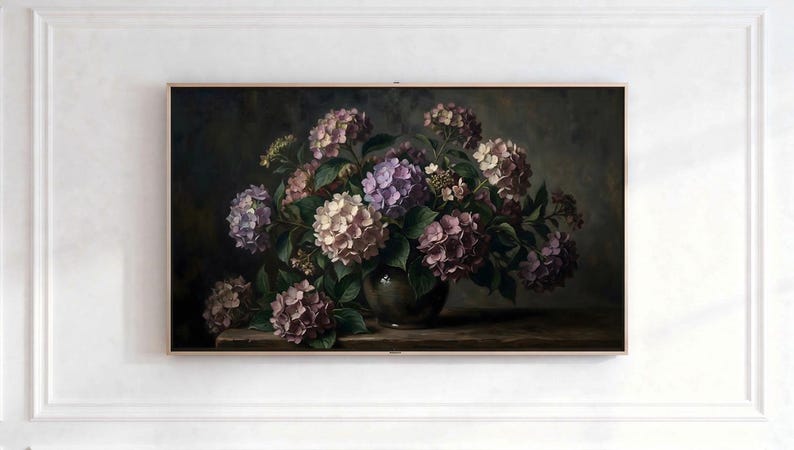 Dark Moody Hydrangeas Oil Painting Print | Flemish Botanical Wall Decor ...