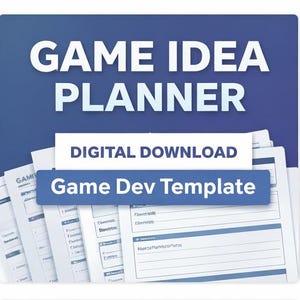 Könnte beinhalten: Ein digitaler Spielideenplaner mit dem Text "GAME IDEA PLANNER" in weißen Buchstaben auf blauem Hintergrund. Das Bild enthält auch den Text "DIGITALER DOWNLOAD" und "Game Dev Template". Mehrere Seiten einer Spielentwicklungs-Vorlage sind sichtbar.