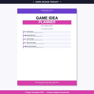 Puede incluir: Un planificador de ideas de juegos imprimible con un diseño morado y rosa. El título "GAME IDEA PLANNER" se muestra de forma destacada. Las secciones incluyen Descripción general del juego, Mecánicas de juego, Diseño de personajes, Diseño de mundo y nivel.
