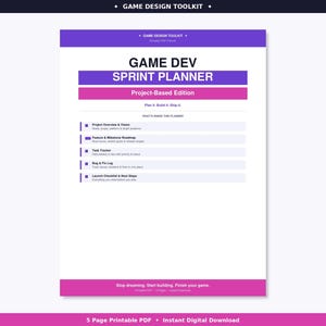 Puede incluir: Un kit de herramientas de diseño de juegos en PDF imprimible con un diseño púrpura y rosa. El título "GAME DEV SPRINT PLANNER" se muestra de forma destacada. El planificador incluye secciones para la descripción general del proyecto, el seguimiento de tareas y las listas de verificación de lanzamiento.