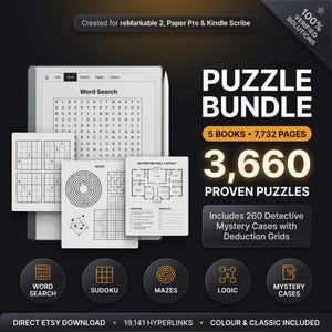 Paquete de libros de rompecabezas para reMarkable 2, Paper Pro y Kindle Scribe / 3660 rompecabezas con soluciones / Sudoku, búsqueda de palabras, laberintos, lógica y misterio