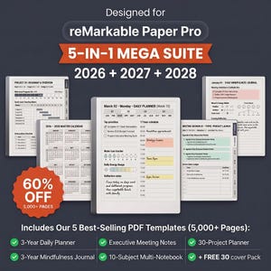 reMarkable 2 & Paper Pro Tablet Templates 2026 2027 2028 5in1 Bundle, Remarkable digital Planner , Journal, Meeting Notes, Project Tracker