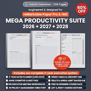 reMarkable Paper Pro Planner 2026 2027 2028 reMarkable Digital Planner Templates, ADHD Focus, 100 Meetings, 30 Projects, Meals, 30 Covers