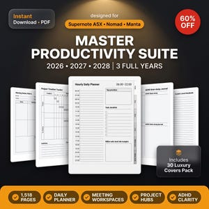 May include: A digital productivity suite for Supernote A5X, Nomad, and Manta devices, featuring a 3-year planner from 2026 to 2028. The suite includes 1,518 pages with daily planners, meeting notes, project trackers, and an ADHD brain dump journal.