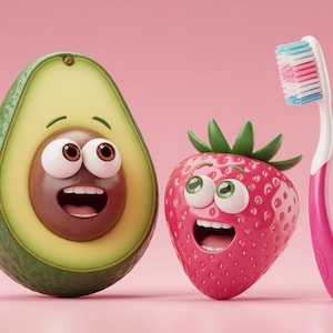 Peut inclure: Illustration fantaisiste d'un avocat et d'une fraise souriants, accompagnés d'une brosse à dents rose. L'avocat est vert et jaune, la fraise est rouge, et la brosse à dents a un manche rose et des poils bleus et roses.