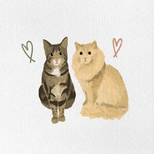 May include: Watercolor illustration of two cats. One is brown tabby, the other is a fluffy light orange. A green heart and a pink heart are drawn above the cats. The cats are sitting upright on a white background.