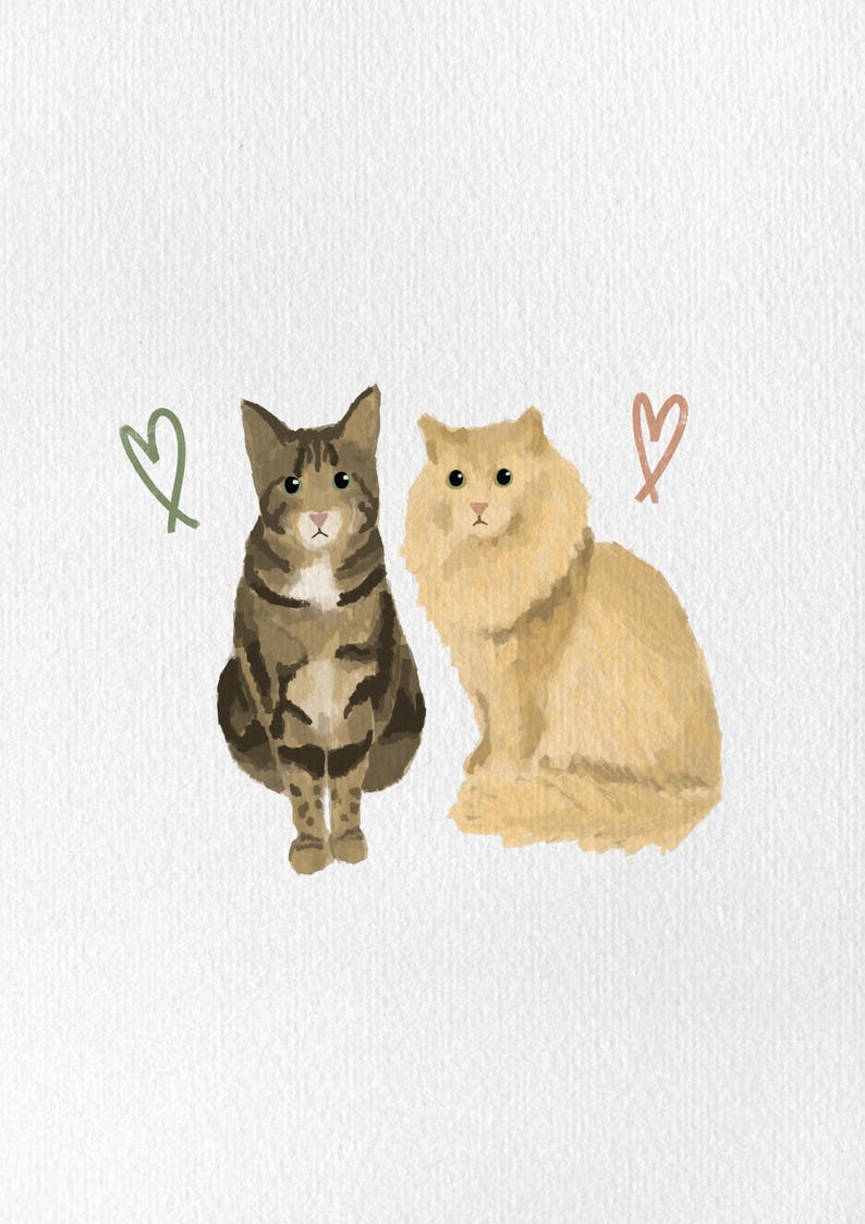 May include: Watercolor illustration of two cats. One is brown tabby, the other is a fluffy light orange. A green heart and a pink heart are drawn above the cats. The cats are sitting upright on a white background.