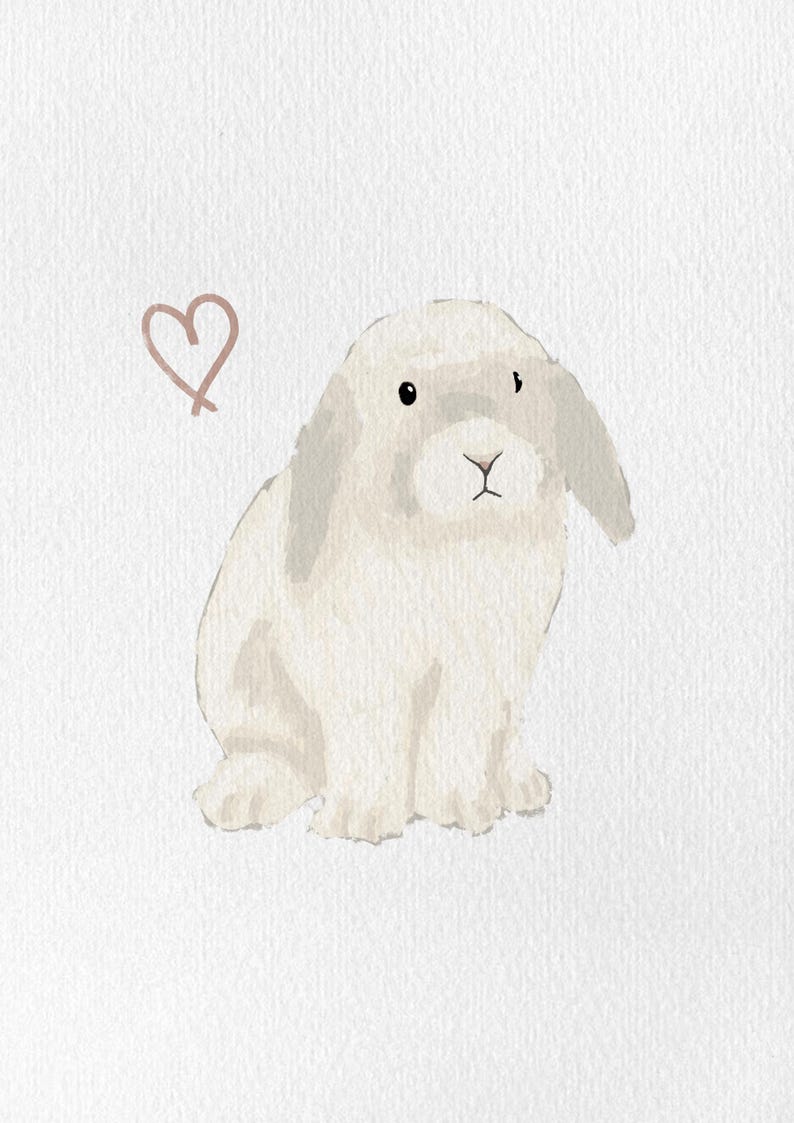 May include: Watercolor illustration of a seated white bunny with floppy ears and a small pink heart. The bunny has a fluffy appearance and is set against a white background. The artwork has a soft, gentle aesthetic.