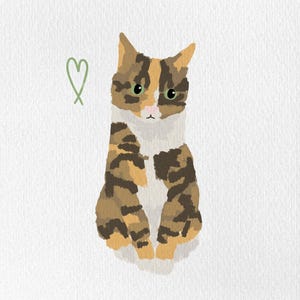 May include: A digital illustration of a seated cat with a brown, tan, and white coat. The cat has green eyes and a pink nose. A green heart shape is drawn to the left of the cat on a white background.