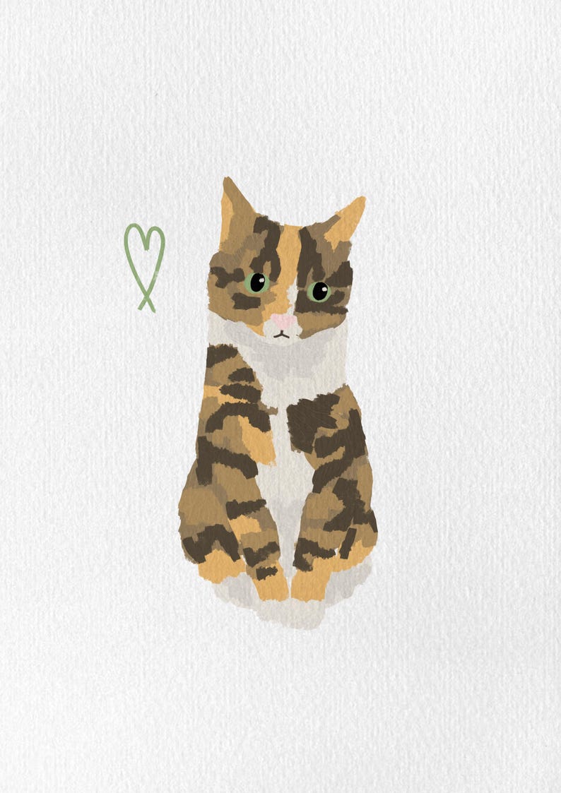 May include: A digital illustration of a seated cat with a brown, tan, and white coat. The cat has green eyes and a pink nose. A green heart shape is drawn to the left of the cat on a white background.