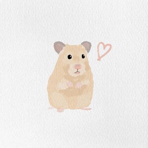 May include: Watercolor illustration of a hamster in shades of tan and pink, with a pink heart symbol. The hamster is depicted in a seated position, with its paws clasped together. The background is plain white.