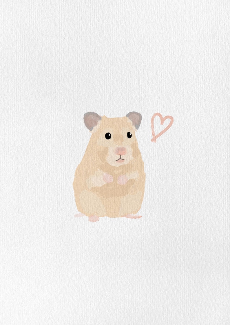 May include: Watercolor illustration of a hamster in shades of tan and pink, with a pink heart symbol. The hamster is depicted in a seated position, with its paws clasped together. The background is plain white.