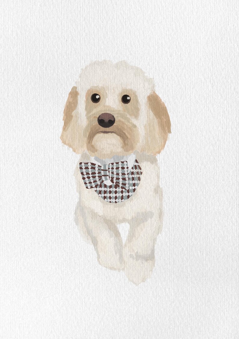 May include: Watercolor illustration of a cream-colored dog with brown ears and nose. The dog wears a checkered bow tie in shades of brown, gray, and white. The artwork has a soft, painterly style, set against a white background.