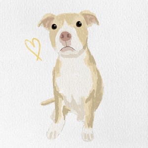 May include: Watercolor illustration of a tan and white dog with a sad expression, sitting with one paw extended. A yellow heart is drawn next to the dog. The dog has black eyes and a pink nose. The artwork is on a white background.