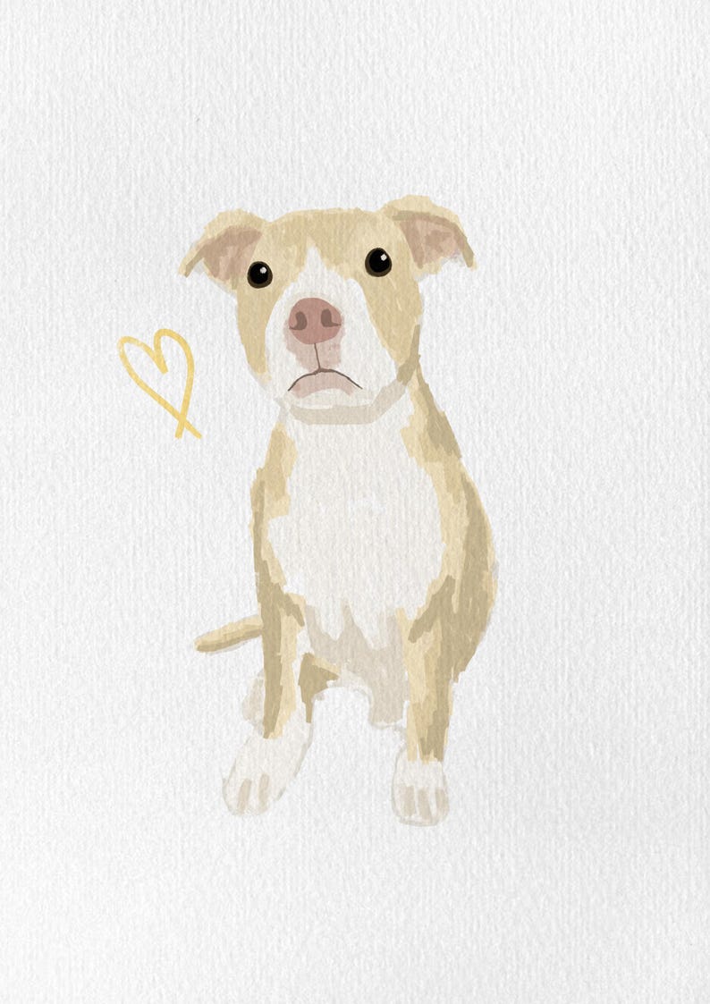 May include: Watercolor illustration of a tan and white dog with a sad expression, sitting with one paw extended. A yellow heart is drawn next to the dog. The dog has black eyes and a pink nose. The artwork is on a white background.