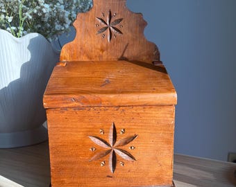 Antique Primitive Carved Wood Salt Box, Hanging Candle Box with Starburst Motifs and Wooden Hinge