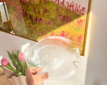 Plato de pescado vintage Arcoroc Francia / Fuente para servir transparente con textura, decoración costera