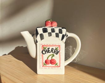 Hand-Painted Cherry Checkers Teapot | Cottage Core Retro Tea Pot