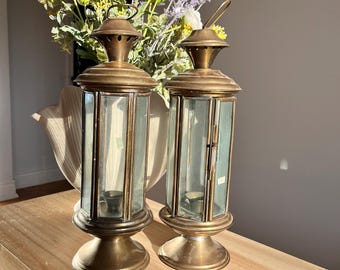 Vintage Brass Glass Lantern | Antique Hurricane Carriage Light | Victorian Tabletop Decor