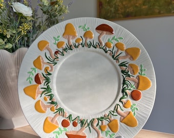 Vintage 1970's Arnels Happy Mushroom Plates | Embossed Fungi Hand Painted Ceramic Pottery