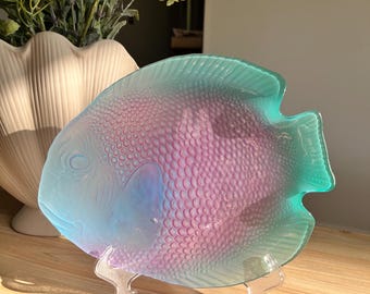 Vintage Chevrier Pettigrew Glass Fish plate | Iridescent Pastel Ombre Pink and Blue Coastal Dish
