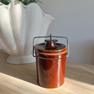 Può includere: Un barattolo di ceramica marrone con coperchio e manico in metallo. Il barattolo è cilindrico e ha una finitura lucida. Il coperchio è anch'esso marrone e ha una piccola maniglia. Il barattolo è su una superficie di legno.