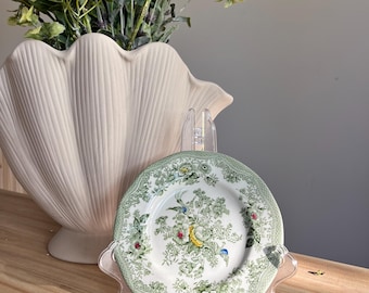 Vintage Enoch wedgewood bord, dessertschaal met kentgroen patroon, groene Engelse transferware, floral bird trinket dish 6"