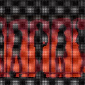 Può includere: Tessuto a rete nero con un motivo ripetuto. Sagome di persone sono visibili su uno sfondo rosso e arancione, creando un effetto a strati. Le figure sono in varie pose, suggerendo movimento.