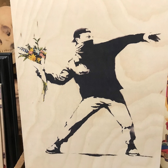 Banksy Molotov Cocktail Bouquet Flowers Handmade Wood Poster 10.25