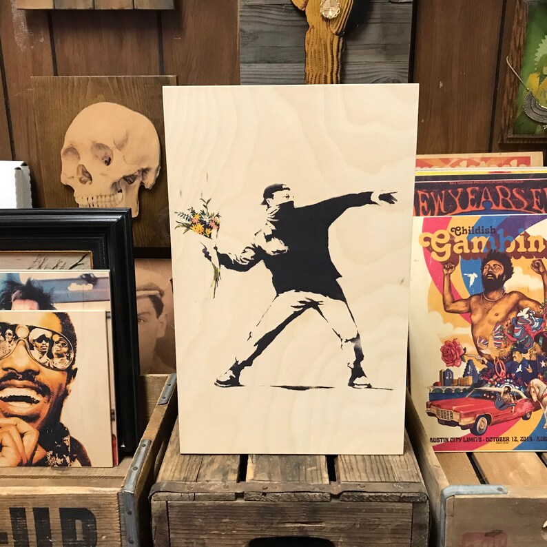 Banksy Molotov Cocktail Bouquet Flowers Handmade Wood Poster Etsy