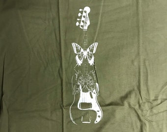 Butterfly Bass Guitar Fender P Bass Army Green Tee T-shirt T Shirt Hand Screen Printed Wearable Art XL 100% Cotton