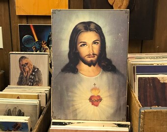 Vintage Jesus Christ Sacred Heart Handmade Wood Poster 10.25x16.25