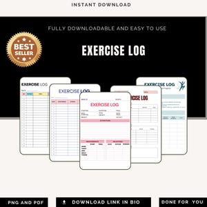 Può includere: Una raccolta di registri di esercizi stampabili con vari layout, tra cui sezioni per il monitoraggio dei progressi quotidiani, delle misurazioni e dei traguardi. I registri sono bianchi con accenti rosa e blu, e il testo "EXERCISE LOG" è ben visibile. L'immagine include il testo "INSTANT DOWNLOAD".