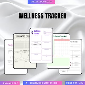 May include: A digital wellness tracker with multiple pages, each featuring sections for daily habits, nutrition, and mood tracking. The design includes the text "Wellness Tracker" and "Instant Download" in a clean, modern style. The color scheme is primarily white and purple.
