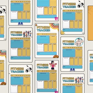 May include: A collection of fitness tracker printable sheets. Each sheet features a blue and yellow design with sections for workout routines, goals, and meal tracking. The phrase "Fitness Tracker" is prominently displayed on each sheet.