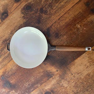 Vintage Copco Denmark 10" Enamel Cast Iron Skillet by Michael Lax | Danish MCM Brown Porcelain Frying Pan with Teak Handle